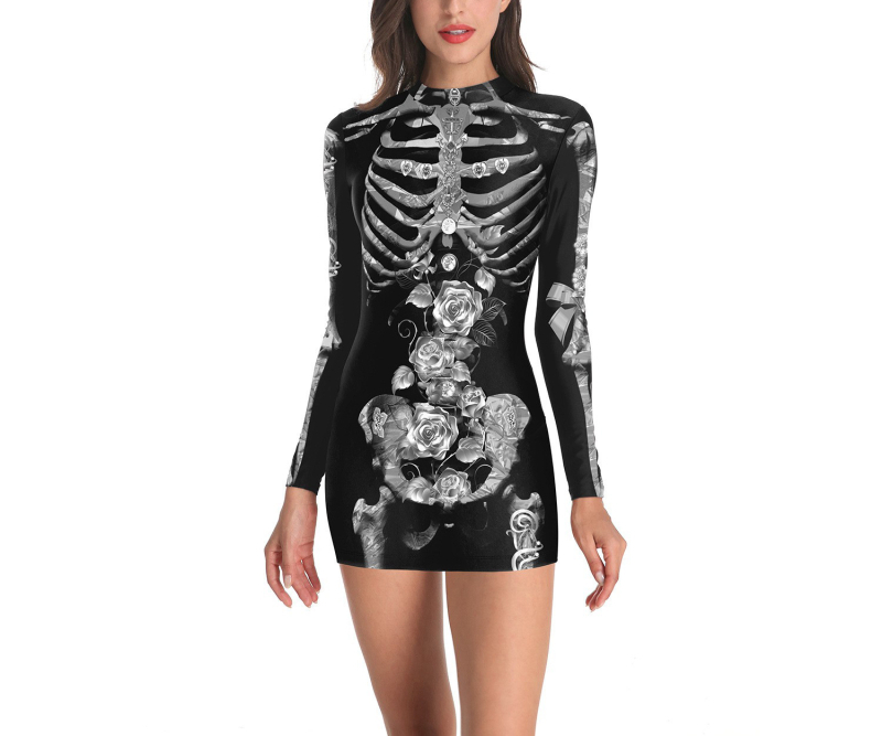 Halloweenske večerné šaty na predstavenie, párty šaty s potlačou telového tkaniva, spojené šaty s lebkou, úzke šaty
