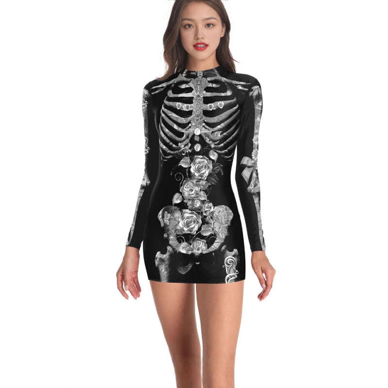 Halloweenske večerné šaty na predstavenie, párty šaty s potlačou telového tkaniva, spojené šaty s lebkou, úzke šaty