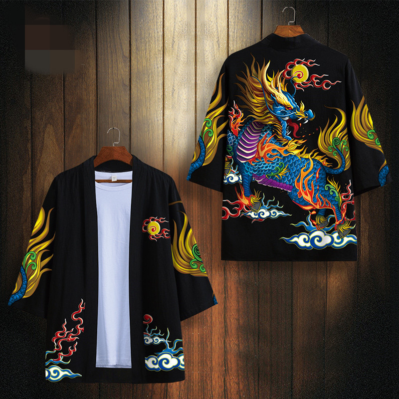 Piiriülene uus rahvusstiilis Xingshi 3D digitaaltrükiga kimono rüü, poolvarrukatega sulgedest kootud kardigan