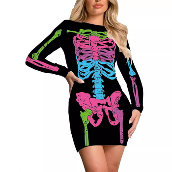 Halloween 2024 transfrontalier Amazon Europa și Statele Unite rochie slim elastică strâmtă cu mânecă lungă fustă imprimată distractivă pentru femei