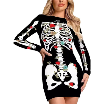 Halloween 2024 transfrontalier Amazon Europa și Statele Unite rochie slim elastică strâmtă cu mânecă lungă fustă imprimată distractivă pentru femei