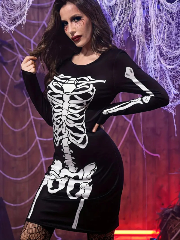 Halloween 2024 transfrontalier Amazon Europa și Statele Unite rochie slim elastică strâmtă cu mânecă lungă fustă imprimată distractivă pentru femei