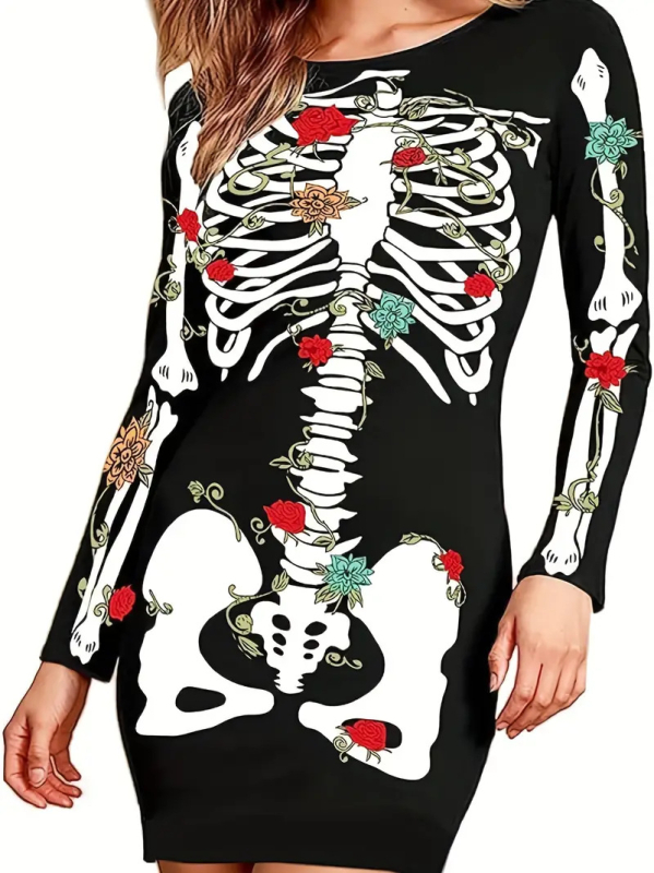 Halloween 2024 transfrontalier Amazon Europa și Statele Unite rochie slim elastică strâmtă cu mânecă lungă fustă imprimată distractivă pentru femei