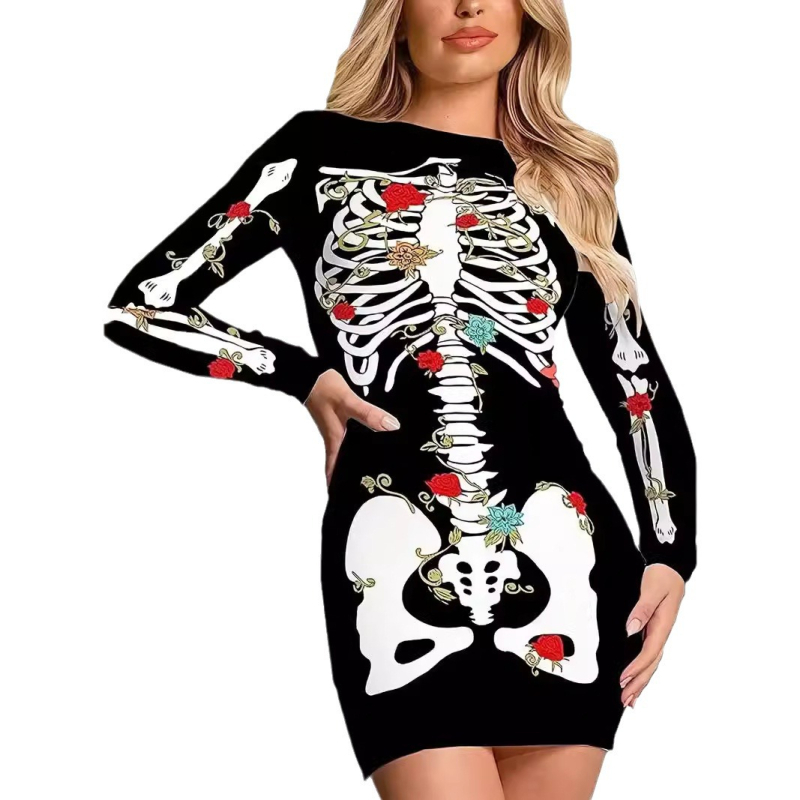Halloween 2024 transfrontalier Amazon Europa și Statele Unite rochie slim elastică strâmtă cu mânecă lungă fustă imprimată distractivă pentru femei