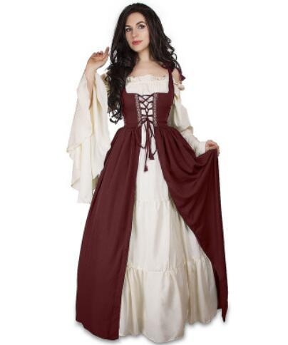 Amazon AliExpressi keskaegse halloweeni taassünni kleit komplekt vöökohaga kraega cos kleit laos