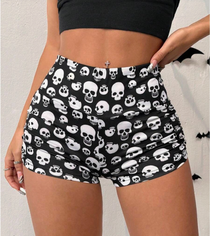 Къси плисирани тесни панталони с принт на череп на Хелоуин 2025, Amazon, летни и есенни тесни спортни шорти с висока талия за жени