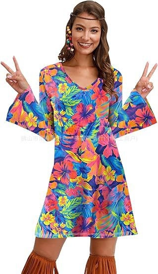Rochie cu imprimeu cu mânecă lungă pentru femei, din Europa și America, pentru Halloween, vintage, casual, hippie, Amazon