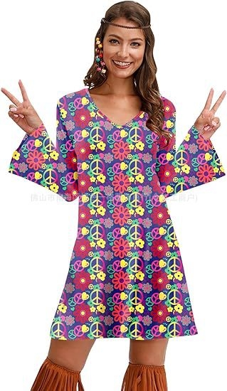 Rochie cu imprimeu cu mânecă lungă pentru femei, din Europa și America, pentru Halloween, vintage, casual, hippie, Amazon