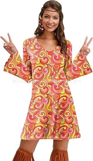 Rochie cu imprimeu cu mânecă lungă pentru femei, din Europa și America, pentru Halloween, vintage, casual, hippie, Amazon