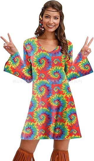 Rochie cu imprimeu cu mânecă lungă pentru femei, din Europa și America, pentru Halloween, vintage, casual, hippie, Amazon