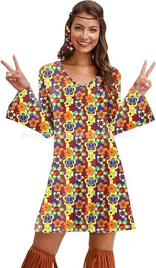 Rochie cu imprimeu cu mânecă lungă pentru femei, din Europa și America, pentru Halloween, vintage, casual, hippie, Amazon