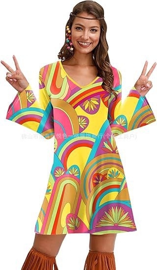 Rochie cu imprimeu cu mânecă lungă pentru femei, din Europa și America, pentru Halloween, vintage, casual, hippie, Amazon
