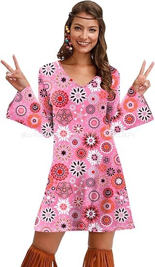Rochie cu imprimeu cu mânecă lungă pentru femei, din Europa și America, pentru Halloween, vintage, casual, hippie, Amazon