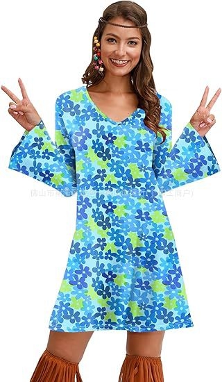 Rochie cu imprimeu cu mânecă lungă pentru femei, din Europa și America, pentru Halloween, vintage, casual, hippie, Amazon