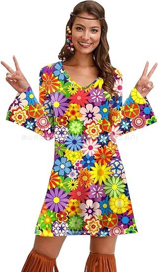 Rochie cu imprimeu cu mânecă lungă pentru femei, din Europa și America, pentru Halloween, vintage, casual, hippie, Amazon