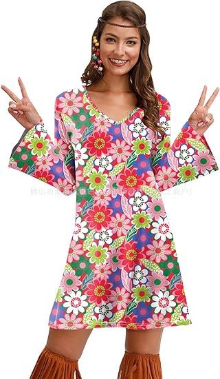 Rochie cu imprimeu cu mânecă lungă pentru femei, din Europa și America, pentru Halloween, vintage, casual, hippie, Amazon