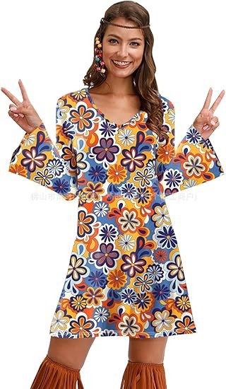 Rochie cu imprimeu cu mânecă lungă pentru femei, din Europa și America, pentru Halloween, vintage, casual, hippie, Amazon