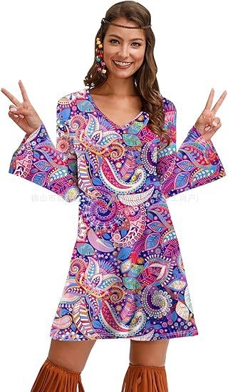 Rochie cu imprimeu cu mânecă lungă pentru femei, din Europa și America, pentru Halloween, vintage, casual, hippie, Amazon