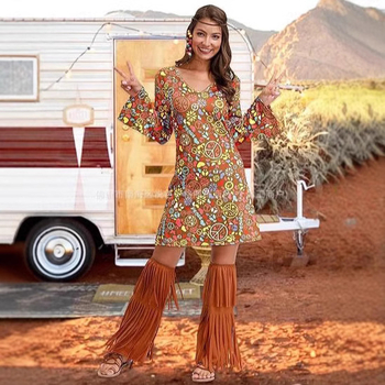 Rochie cu imprimeu cu mânecă lungă pentru femei, din Europa și America, pentru Halloween, vintage, casual, hippie, Amazon