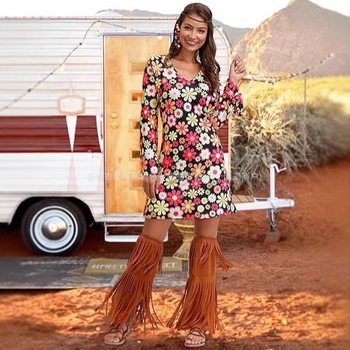 Rochie cu imprimeu cu mânecă lungă pentru femei, din Europa și America, pentru Halloween, vintage, casual, hippie, Amazon