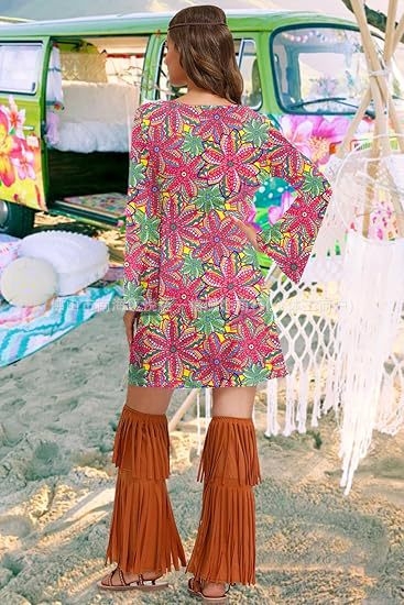 Rochie cu imprimeu cu mânecă lungă pentru femei, din Europa și America, pentru Halloween, vintage, casual, hippie, Amazon