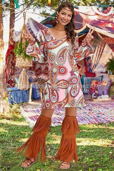 Rochie cu imprimeu cu mânecă lungă pentru femei, din Europa și America, pentru Halloween, vintage, casual, hippie, Amazon