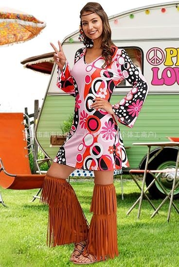 Rochie cu imprimeu cu mânecă lungă pentru femei, din Europa și America, pentru Halloween, vintage, casual, hippie, Amazon