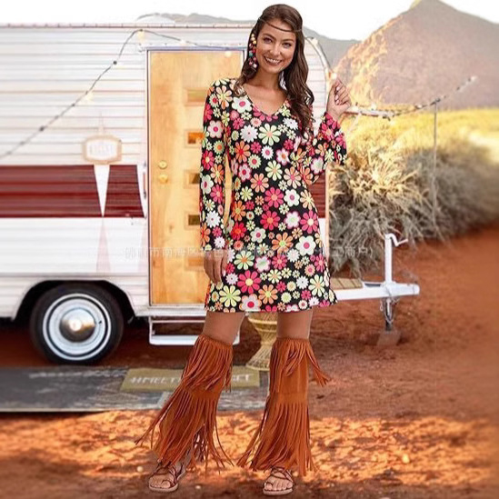 Rochie cu imprimeu cu mânecă lungă pentru femei, din Europa și America, pentru Halloween, vintage, casual, hippie, Amazon