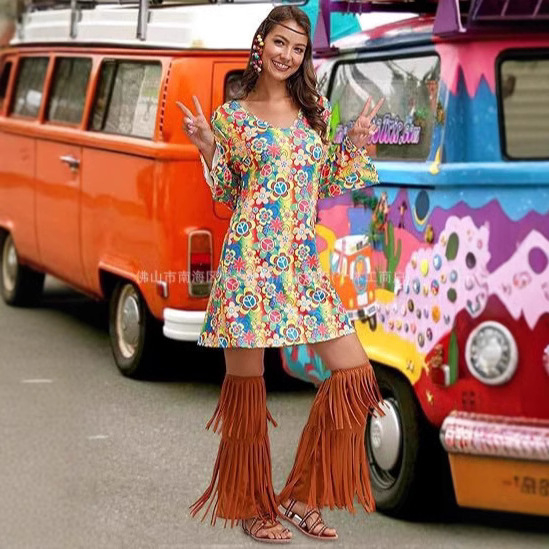 Rochie cu imprimeu cu mânecă lungă pentru femei, din Europa și America, pentru Halloween, vintage, casual, hippie, Amazon