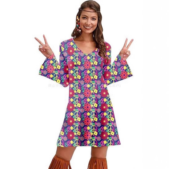Rochie cu imprimeu cu mânecă lungă pentru femei, din Europa și America, pentru Halloween, vintage, casual, hippie, Amazon