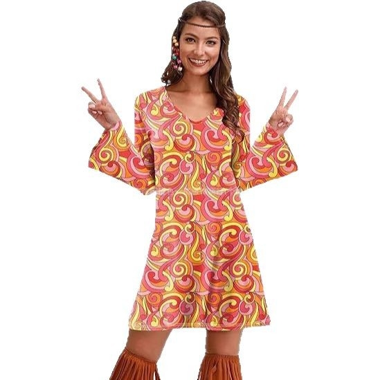 Rochie cu imprimeu cu mânecă lungă pentru femei, din Europa și America, pentru Halloween, vintage, casual, hippie, Amazon