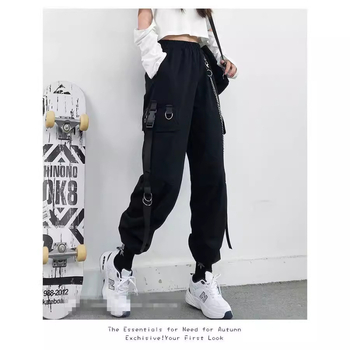 Дамски отслабващи есенни красиви черни панталони с висока талия, дамски свободни прави панталони в корейски стил, модерни верижки