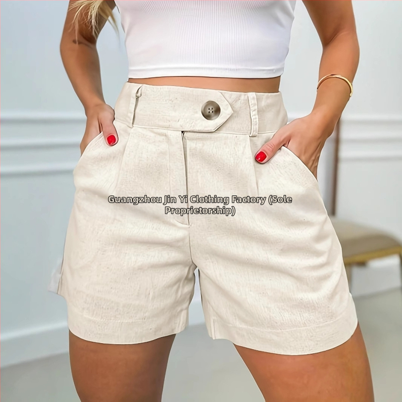 Îmbrăcăminte de vară nouă pentru femei, transfrontalieră europeană și americană, la modă și casual, culoare solidă cu talie înaltă, pantaloni scurți slim fit