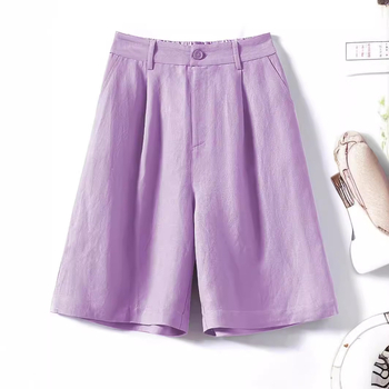 Памучни и ленени артистични шорти за жени Лято 2025, широки тънки панталони с висока талия и широки крачоли, универсални отслабващи ежедневни шорти до коляното