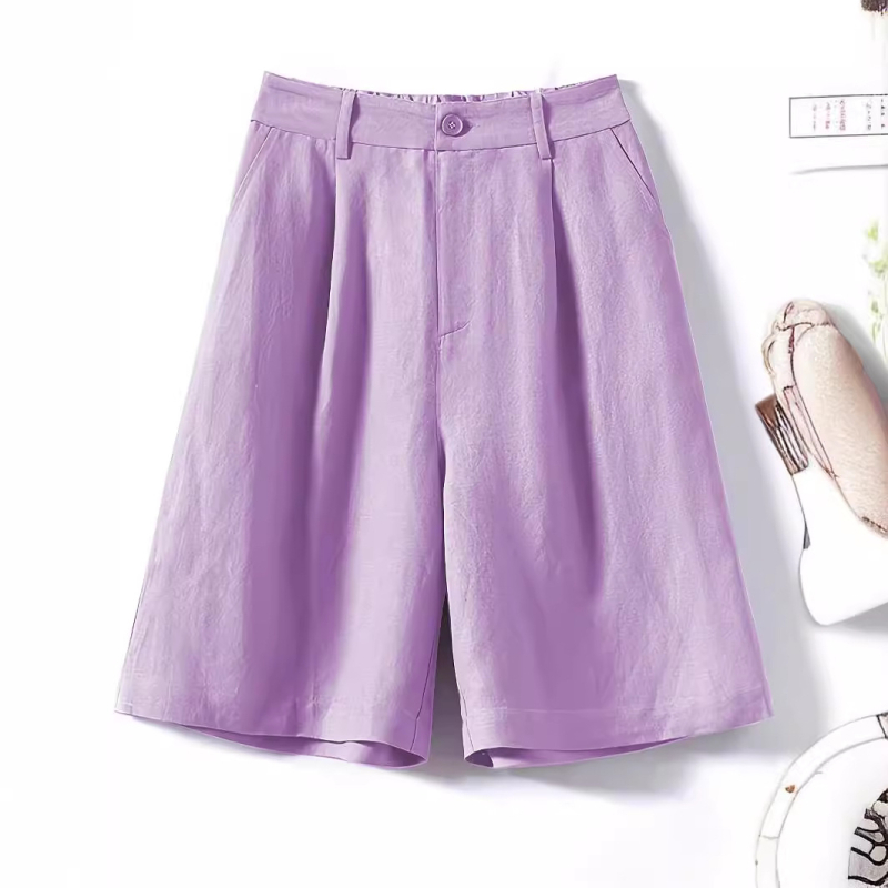 Памучни и ленени артистични шорти за жени Лято 2025, широки тънки панталони с висока талия и широки крачоли, универсални отслабващи ежедневни шорти до коляното