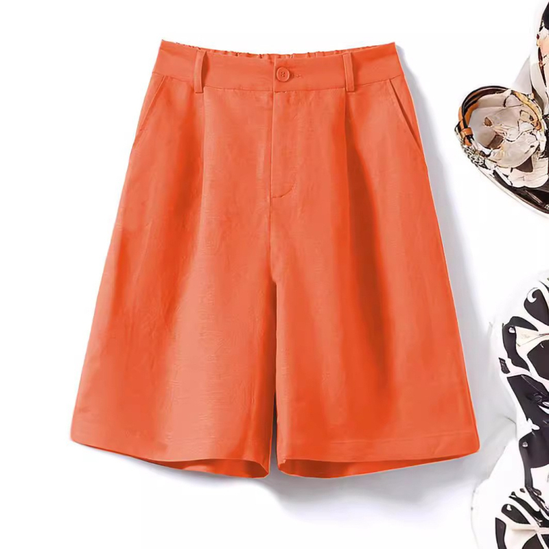 Памучни и ленени артистични шорти за жени Лято 2025, широки тънки панталони с висока талия и широки крачоли, универсални отслабващи ежедневни шорти до коляното