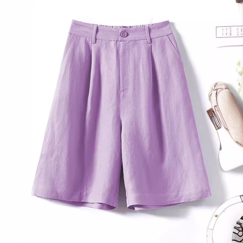 Памучни и ленени артистични шорти за жени Лято 2025, широки тънки панталони с висока талия и широки крачоли, универсални отслабващи ежедневни шорти до коляното
