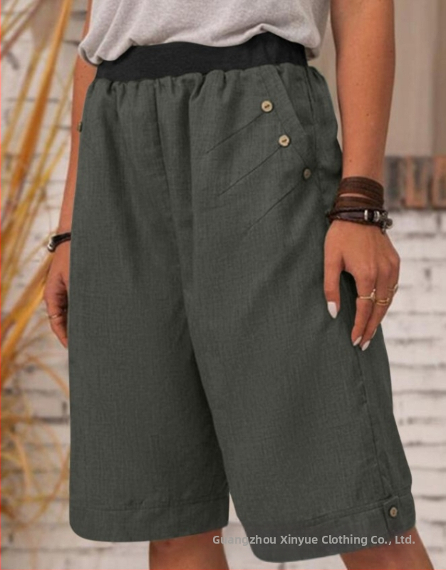 2021 Nové bavlnené a ľanové šortky, 5-bodové nohavice, cezhraničný európsky a americký export, dámske čisto farebné ležérne nohavice, rovné nohavice na domáce použitie