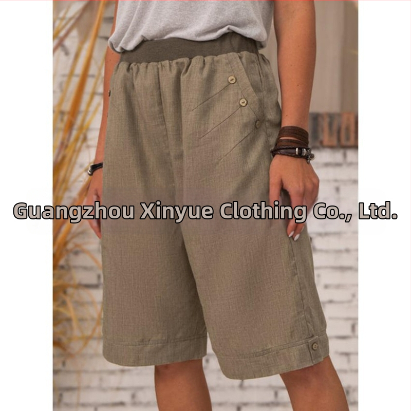 2021 Nové bavlnené a ľanové šortky, 5-bodové nohavice, cezhraničný európsky a americký export, dámske čisto farebné ležérne nohavice, rovné nohavice na domáce použitie