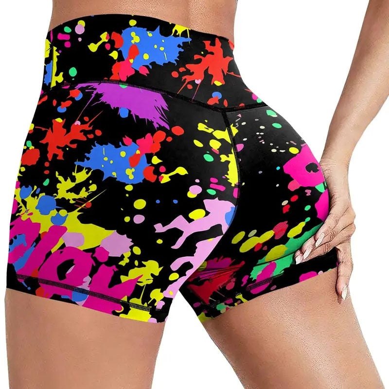 Pantaloni scurți de yoga cu talie înaltă, imprimați cu stropi de culoare pentru femei europene și americane, pentru comerț exterior, la modă transfrontalieră, cu graffiti, sport, fitness
