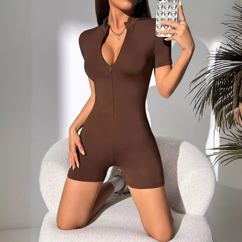 Salopetă sexy cu fermoar american 2024, la modă, slim fit, cu croială simplă, culoare solidă, de vară