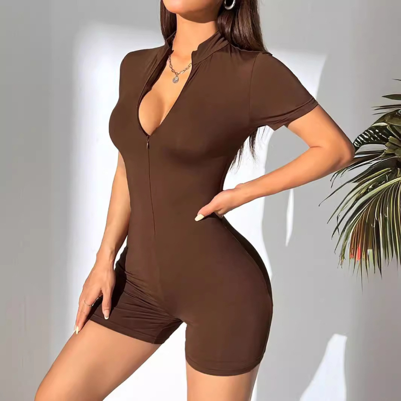 Salopetă sexy cu fermoar american 2024, la modă, slim fit, cu croială simplă, culoare solidă, de vară