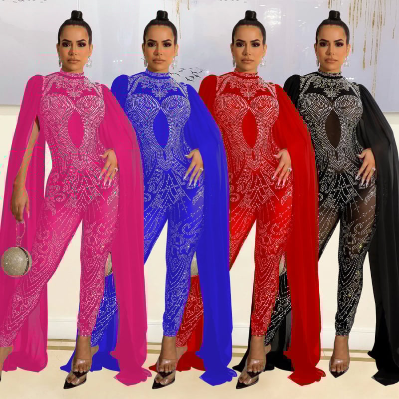 OS6816 cezhraničný jeseň a zima nový Amazon európsky a americký dámsky sexy sieťovaný kamienkový perspektívny nočný klubový overal pre ženy