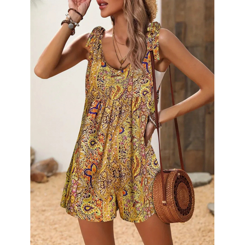 În stoc 2024 Amazon Salopetă nouă cu imprimeu paisley și umeri legați, stil de sărbătoare, fără mâneci