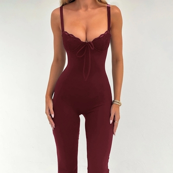 Φθινόπωρο 2024 Νέα Γυναικεία Ρούχα σε Ευρωπαϊκό και Αμερικανικό Στυλ, Σέξι Ολόσωμη Φόρμα με Δαντέλα και Τιράντες, για να Δείχνουν Αδύνατες οι Γυναίκες