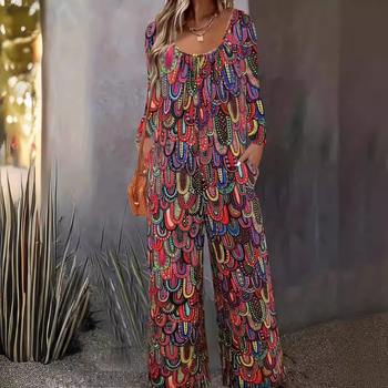 2025 Nové európske a americké dámske oblečenie s potlačou, ležérne nohavice so širokými nohavicami, okrúhlym výstrihom, vreckom, voľným overalom s dlhým rukávom pre ženy