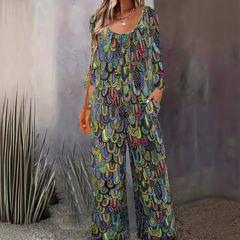 2025 Nové európske a americké dámske oblečenie s potlačou, ležérne nohavice so širokými nohavicami, okrúhlym výstrihom, vreckom, voľným overalom s dlhým rukávom pre ženy