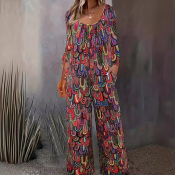 2025 Nové európske a americké dámske oblečenie s potlačou, ležérne nohavice so širokými nohavicami, okrúhlym výstrihom, vreckom, voľným overalom s dlhým rukávom pre ženy