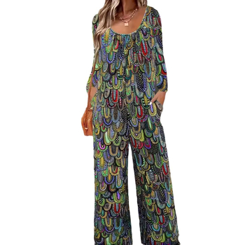 2025 Nové európske a americké dámske oblečenie s potlačou, ležérne nohavice so širokými nohavicami, okrúhlym výstrihom, vreckom, voľným overalom s dlhým rukávom pre ženy