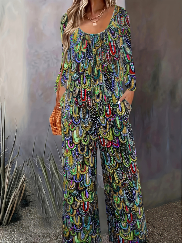 2025 Nové európske a americké dámske oblečenie s potlačou, ležérne nohavice so širokými nohavicami, okrúhlym výstrihom, vreckom, voľným overalom s dlhým rukávom pre ženy